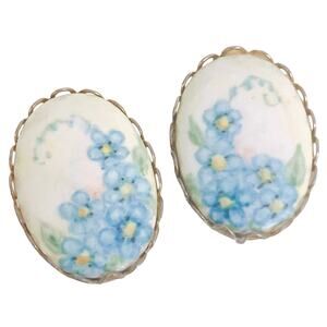 VTG Mid Century Blue Floral Porcelain Clip On Earrings Cabochon Forget Me Nots